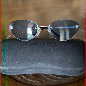 Chanel Sunglasses matte silver with blue lenses- Vintage
